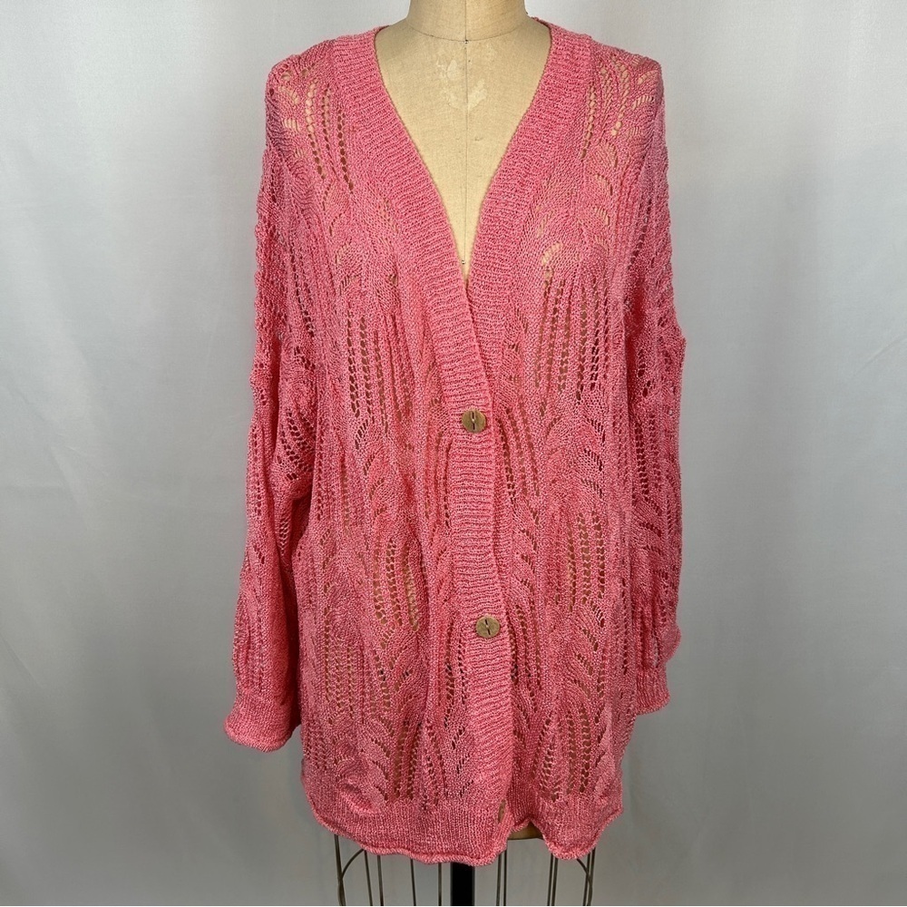 NEW POL Coral Pink Open Knit Long Sleeve Button Front Oversized Cardigan Sweater